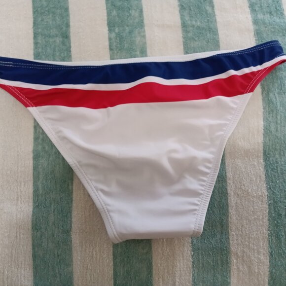 NWT OIMOTI WHITE SWIM BRIEF WITH RED AND BLUE STRIPE, SIZE "M" (32"-33") - Picture 2 of 9